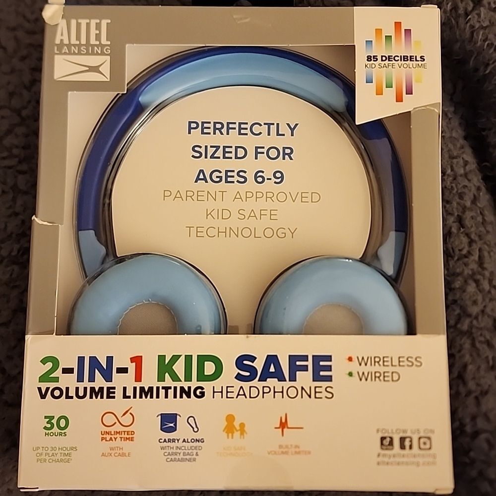 NIB 2 in one kid safe volume limiting headphones blue age 6-9 travel comfort usa